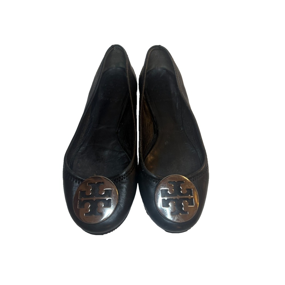 Tory Burch‎ Reva Black Leather Ballet Flats Silver Logo